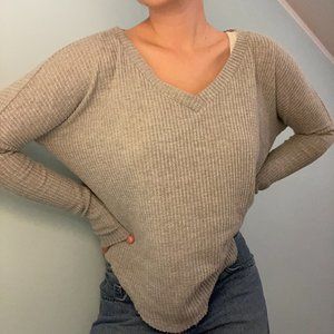 Grey Waffle Weave V-Neck Sweater